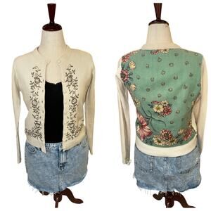 Vintage Whistles Floral Back Cardigan Embellished Wool Blend Sweater Size 3